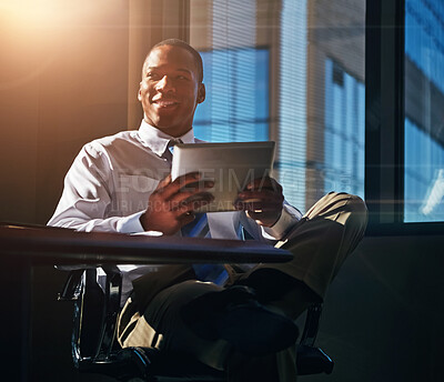 Buy stock photo Black man, tablet and thinking in office, idea and accountant for stock market website. Person, brainstorming and networking for idea or email for solution, communication and app for business contact