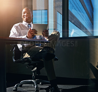 Buy stock photo Black man, tablet and thinking at desk, search and accountant for stock market website. Person, planning and professional for networking or investment, communication and app for business contact