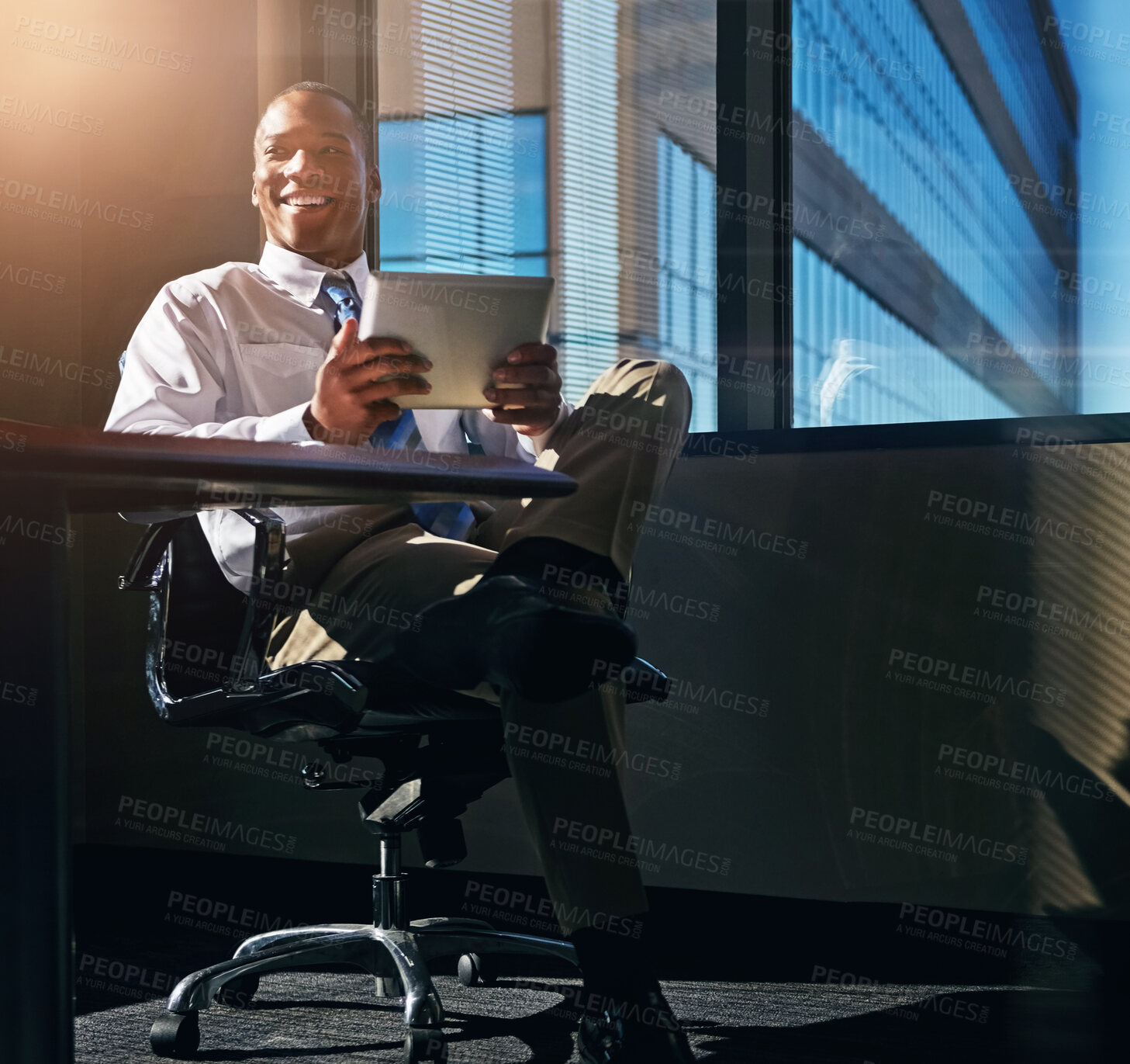 Buy stock photo Black man, tablet and thinking at desk, search and accountant for stock market website. Person, planning and professional for networking or investment, communication and app for business contact