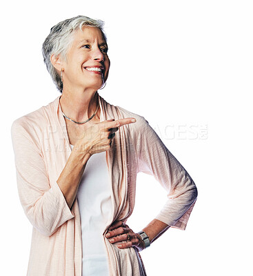 Buy stock photo Happy, hand pointing or senior woman in studio space for diy fashion, step or sale sign up info on white background. Choice, show or menu for ethical brand, thrifting or upcycling eco friendly outfit
