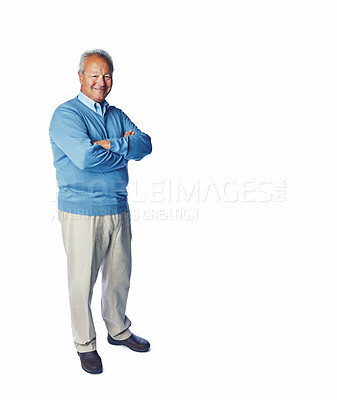 Buy stock photo Portrait, arms crossed or senior man in studio mockup for diy fashion, smile or contact us for clothing donation on white background. Space, old model and upcycling, pride or thrifting outfit choice