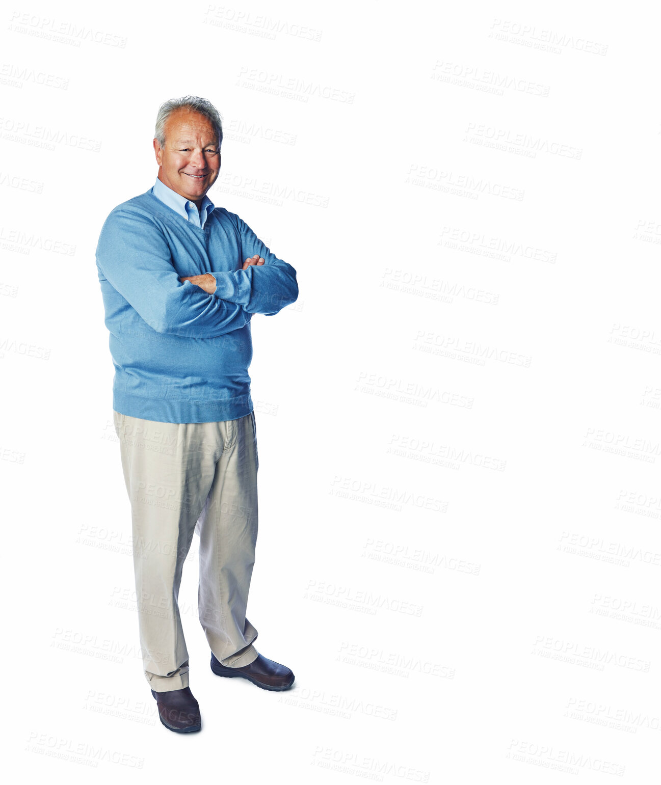 Buy stock photo Portrait, arms crossed or senior man in studio mockup for diy fashion, smile or contact us for clothing donation on white background. Space, old model and upcycling, pride or thrifting outfit choice