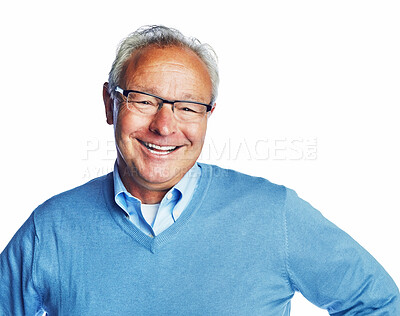 Buy stock photo Portrait, happy or senior man with glasses in studio for optics, eye care or vision test promo on white background. Frame, spectacles or model smile for ophthalmology, deal or pensioner discount