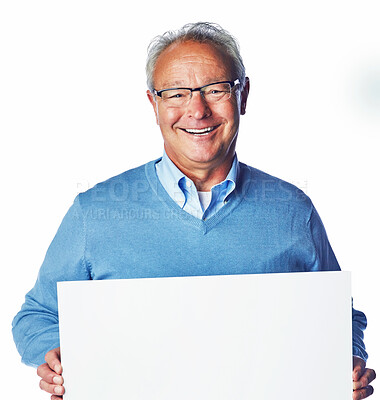 Buy stock photo Old man, portrait and poster mockup in studio with billboard for retirement plan, sign or white background. Male person, face and banner for happy sales as advert for promotion, information or news
