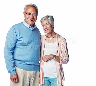 Buy stock photo Senior couple, smile and portrait in studio with retirement, bonding and together with love by white background. Elderly woman, old man and happy for connection, embrace and pride for relationship