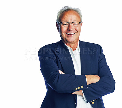 Buy stock photo Management, arms crossed and mature business man smile with portrait with confidence or vision. Professional, executive or manager in studio with ceo mindset, career or goal in white background