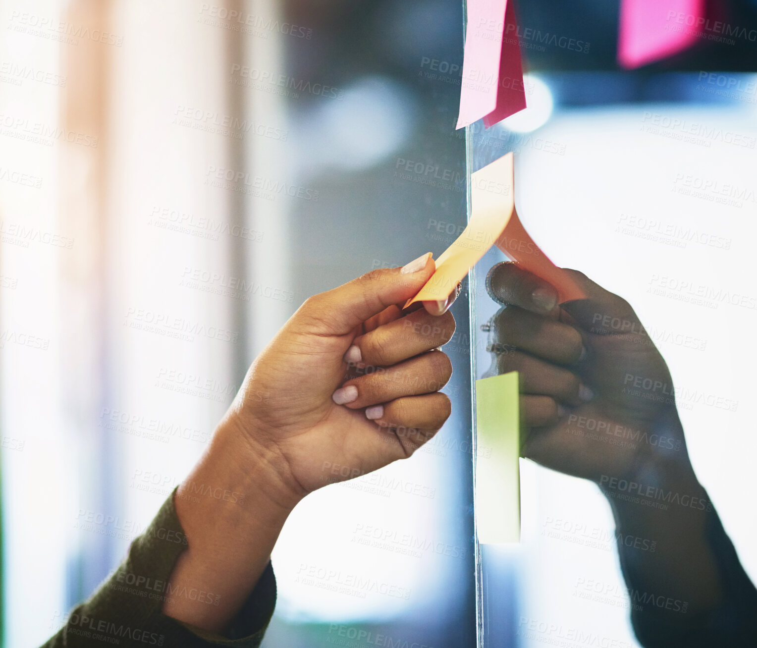 Buy stock photo Person, hand and sticky note on glass wall for brainstorming idea or startup, project planning or mind map. Fingers, paper and problem solving for company solution or research, creative or target