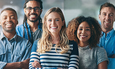 Buy stock photo Group, people and diversity in portrait at startup with smile, support and creativity in modern office. Women, men and team building with solidarity at media agency for collaboration in workplace