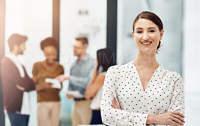 Buy stock photo Business woman, arms crossed and happy in portrait by team with confidence, pride and career in modern office. Person, manager and smile at meeting in boardroom at creative media agency in Toronto