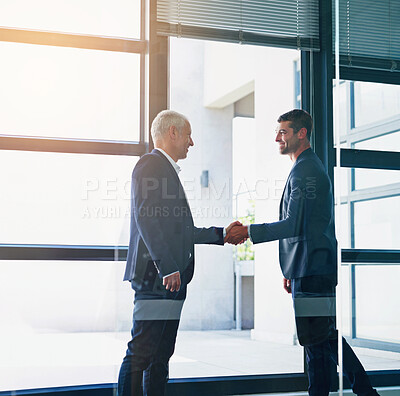 Buy stock photo Business men, handshake and collaboration in office with agreement, deal or partnership. Greeting, welcome and onboarding at corporate company with professional contract and thank you at law firm