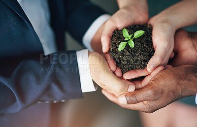 Buy stock photo Business people, hands and plant growth for startup company for eco friendly, earth day or investment. Fingers, top view and group for sustainable career or ecology project for planet, care or sprout
