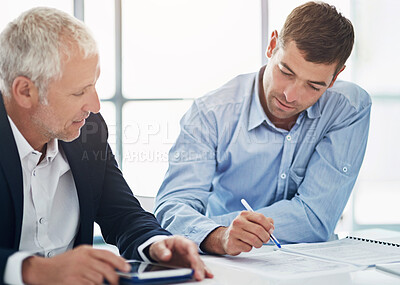 Buy stock photo Documents, meeting and business people in office for consulting, b2b contract and discussion. Corporate lawyer, law firm and men with paperwork for planning, legal agreement and collaboration