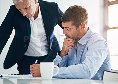 Buy stock photo Business people, working and thinking with CEO, collaboration and writing with case planning. Office, boardroom and attorney staff with discussion and employee with training and conversation