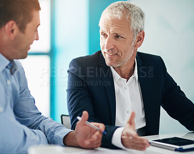 Buy stock photo Law firm, meeting and business people in office for discussion, b2b contract and consulting. Corporate lawyer, legal manager and men talking with tablet for planning, teamwork and collaboration