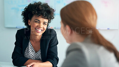 Buy stock photo Woman, office and business or happy meeting, company and work collaboration with employee for partnership. Together, coworkers and smile for target goal and review conversation, staff and career plan
