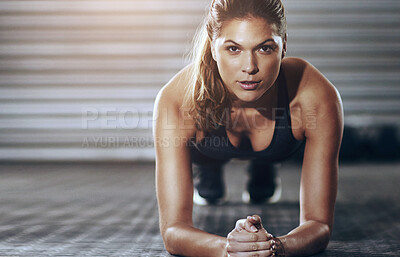 Buy stock photo Woman, portrait and plank exercise for athlete training or gym fitness as health, confidence or workout. Female person. arms and face for abs challenge or strong balance for muscle, sport or wellness