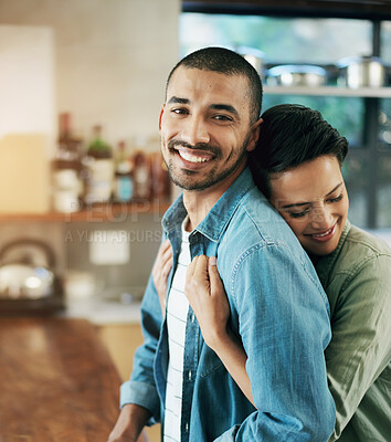 Buy stock photo Affectionate, hug and happy couple in kitchen for love, cooling and bonding together with evening date. Smile, romantic man with woman for relationship, support or comforting embrace in home
