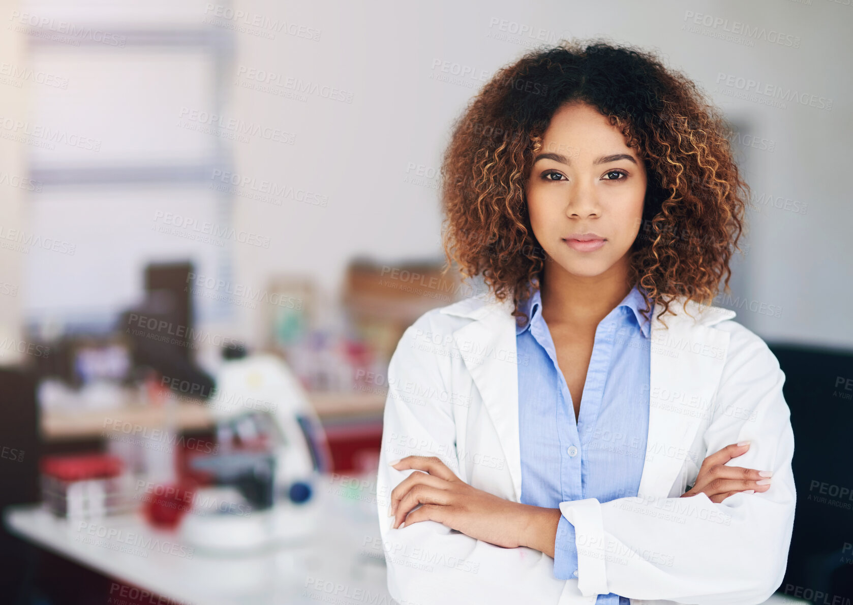 Buy stock photo Scientist, portrait and black woman with arms crossed in lab for medical research, study and education. Professional, science and person with confidence in forensic knowledge, pathology or test