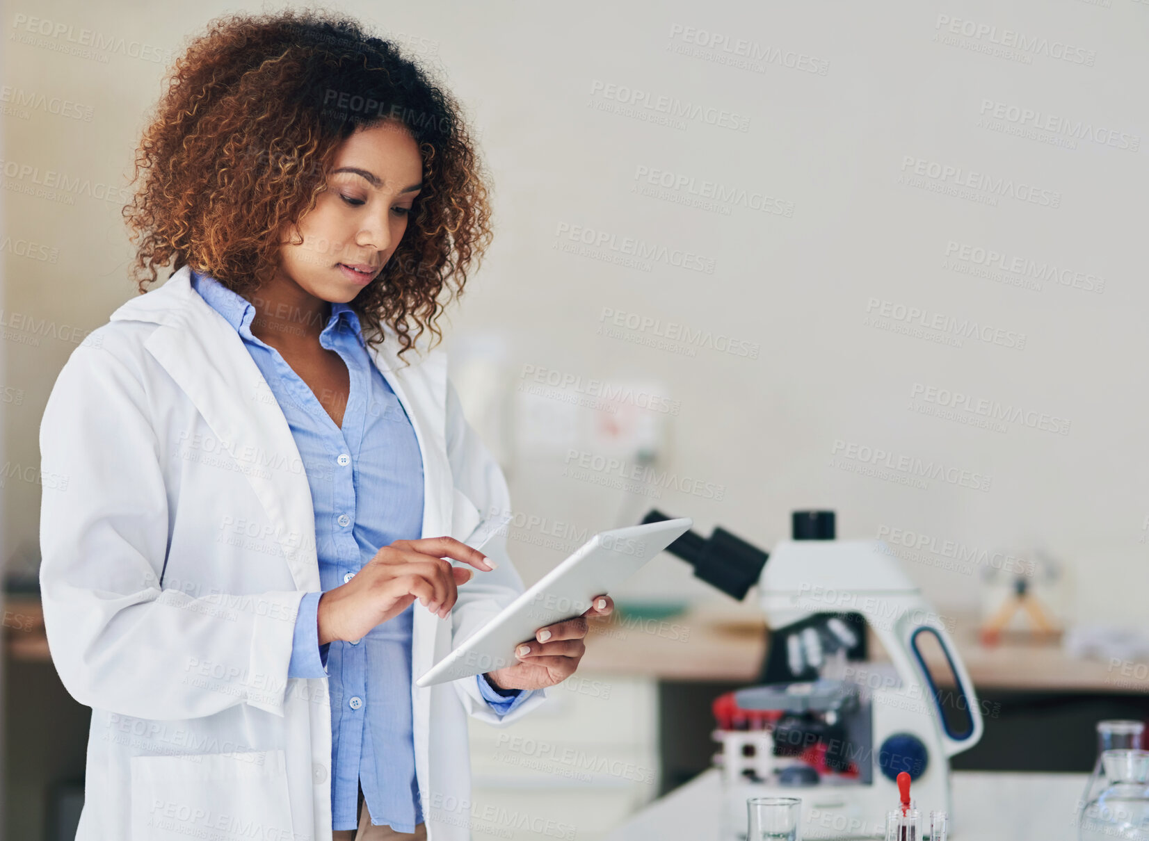 Buy stock photo Scientist, test and woman in lab with tablet reading info, data or study research online for vaccine. Science, tech and person check results of medical experiment or analysis of virus and bacteria