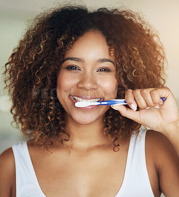 Buy stock photo Black woman, portrait and smile with toothbrush for teeth in bathroom with dental hygiene in house. Happy, morning and everyday routine with refreshing breath, getting ready and care with daily habit