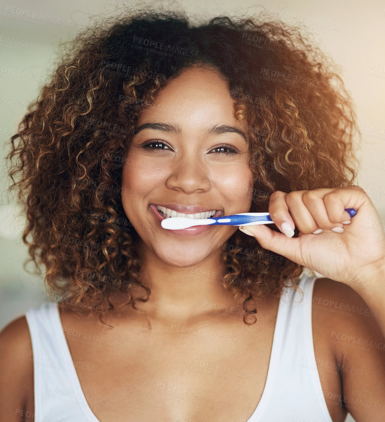 Buy stock photo Black woman, portrait and smile with toothbrush for teeth in bathroom with dental hygiene in house. Happy, morning and everyday routine with refreshing breath, getting ready and care with daily habit