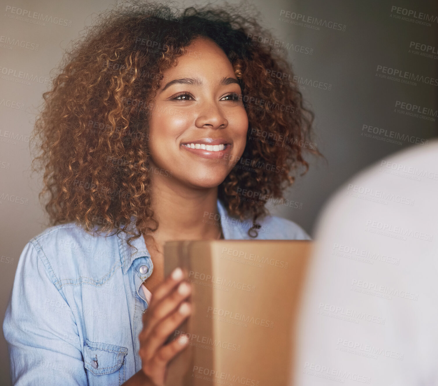 Buy stock photo African woman, home and package delivery or courier service for e commerce and logistics or supply chain. Happy customer with box, parcel or stock for shipping, distribution and product of shopping