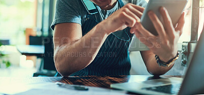 Buy stock photo Waiter, tablet and phone call in cafe with hands of person for online order, communication and checklist for service. Business, male owner and digital, mobile and stock, inventory or delivery 