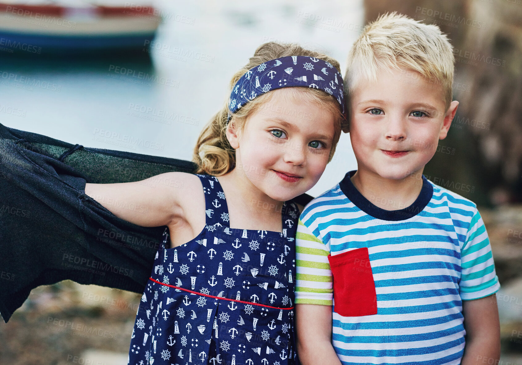 Buy stock photo Boy, girl and portrait with sibling love or outdoor vacation by water for youth adventure, family or happiness. Friends, face and connection in Florida for childhood development, together or summer