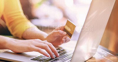 Buy stock photo Woman, laptop and credit card for online shopping, ecommerce and virtual store or shop on website. Entrepreneur, technology and digital payment for b2b, dropshipping and business with product or sale