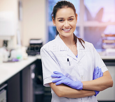 Buy stock photo Portrait, science and woman with arms crossed, lab and research for medicine, biotech and experiment. Face, person and employee with sample, gene therapy or testing with medical smile or pride