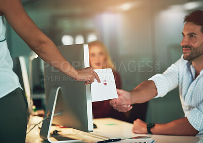 Buy stock photo Office, love and business people with romance in note flirting, giving and gift of letter. Company, professional employee and hand with kiss on paper at desk for relationship, offer and message