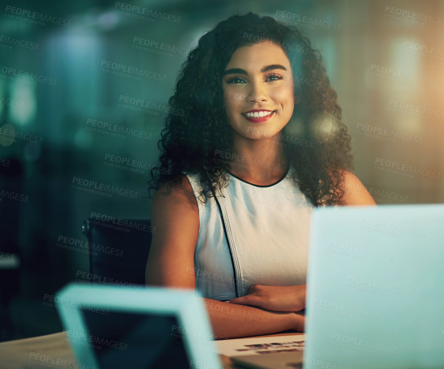 Buy stock photo Professional, woman and portrait in office at night with productivity on project or late deadline. Happy, employee and hard work with smile for commitment to company and progress on research online