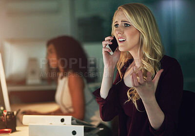 Buy stock photo Night, business and phone call with woman, stress and angry with shouting, internet and confused. Person, evening and agent with cellphone, doubt and emotion with negotiation, screaming or frustrated