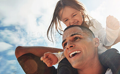 Buy stock photo Sky, happy and man with girl on shoulder in nature for outdoor adventure, support and child development. Playful, smile and low angle of dad with kid for funny bonding, care and love on fathers day