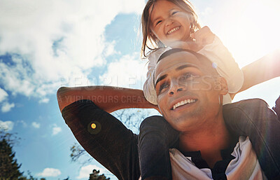 Buy stock photo Sky, happy and dad with kid on shoulder in nature for support, outdoor adventure and playful bonding. Excited, smile and low angle of man with girl for child development, love and care on fathers day