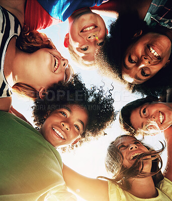 Buy stock photo Children, huddle and happy with outside group for fun in sunshine on playground or park with nature. Diversity, friends and solidarity on school field in summer for youth with education in Germany