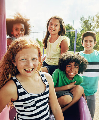 Buy stock photo Kids, park and portrait of group in summer to relax with friends on playground on vacation. Happy, holiday and children together for party, games or smile outdoor at middle school recess or break