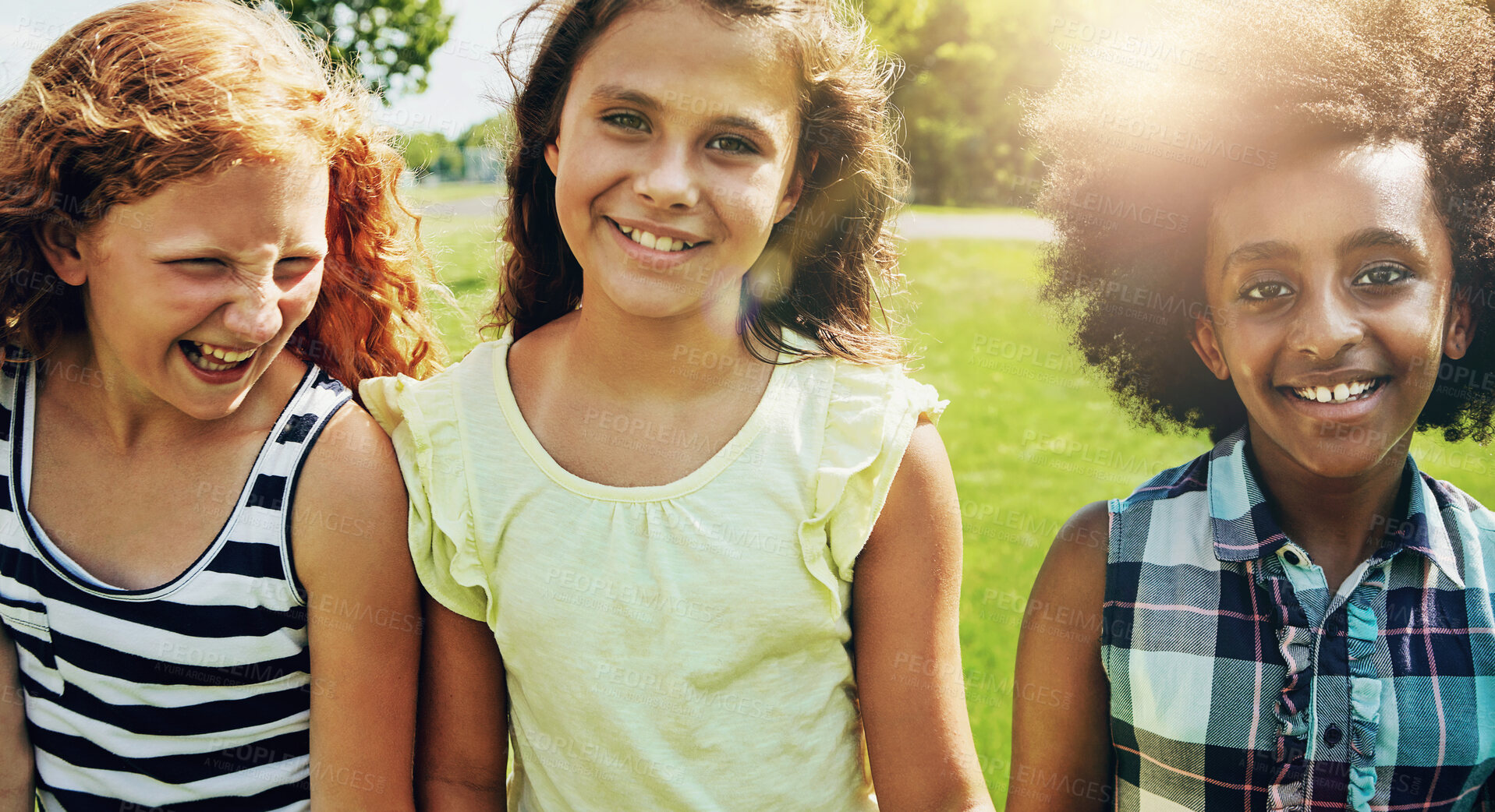 Buy stock photo Happy, kids and playing in outdoor for portrait in park, garden as friends, adventure and care, bonding and party on weekend. Smile, girls and diverse with fun for childhood, youth and memory in sun