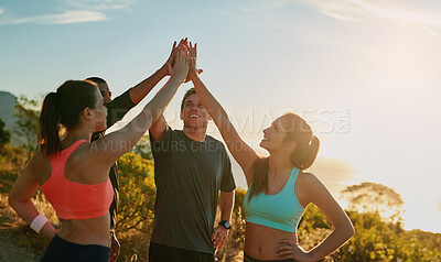 Buy stock photo Friends, group and high five or outdoor exercise on mountain for trail running, support or fitness. Men, women and hand gesture for training goals or sport target or celebration, morning or nature