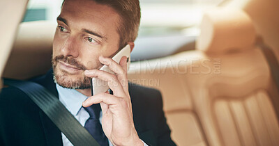 Buy stock photo Phone call, business and man in car, communication and travelling with executive, confident and talking. Person, entrepreneur or investor in vehicle, elegant or smartphone with digital app or network