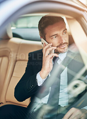 Buy stock photo Businessman, car and phone call for travel, business and work with company client or contact. Corporate lawyer, taxi and communication with law firm shareholders for merger, contract and acquisition