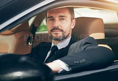 Buy stock photo Businessman, travel and driving in car with portrait for commute to corporate work or job as entrepreneur of company. Man, motor vehicle and daily journey with transportation, traffic and on route.