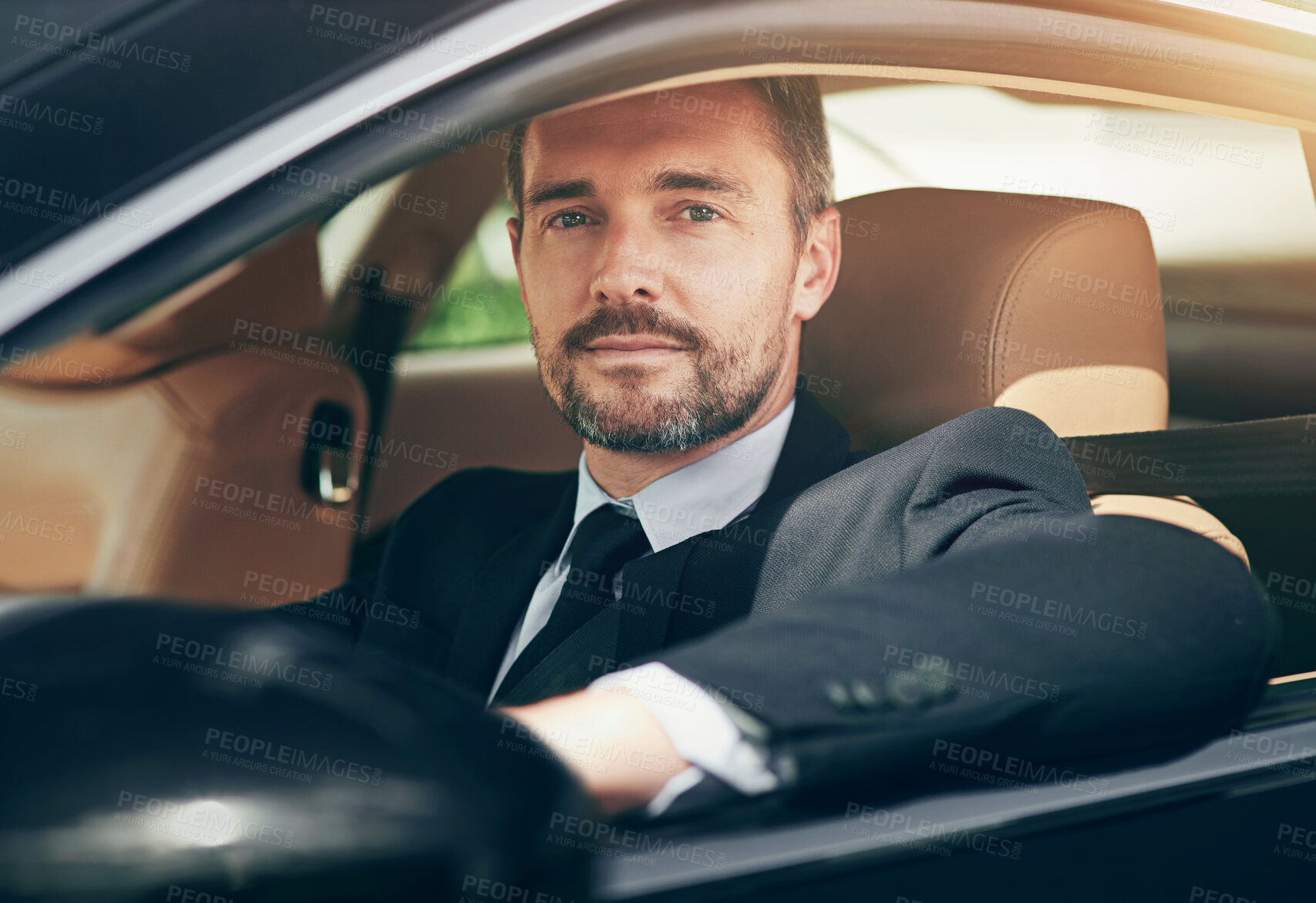 Buy stock photo Businessman, travel and driving in car with portrait for commute to corporate work or job as entrepreneur of company. Man, motor vehicle and daily journey with transportation, traffic and on route.