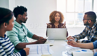 Buy stock photo Meeting, woman and business with staff on laptop in office, collaboration and feedback, review and growth of company sales. Team, people and research with planning, ideas and creative project
