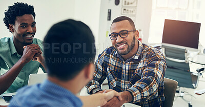 Buy stock photo Job interview, hiring or business people handshake in office for onboarding, deal and negotiation success. B2b, recruitment and hr shaking hands with man web developer for outsourcing, intro or offer