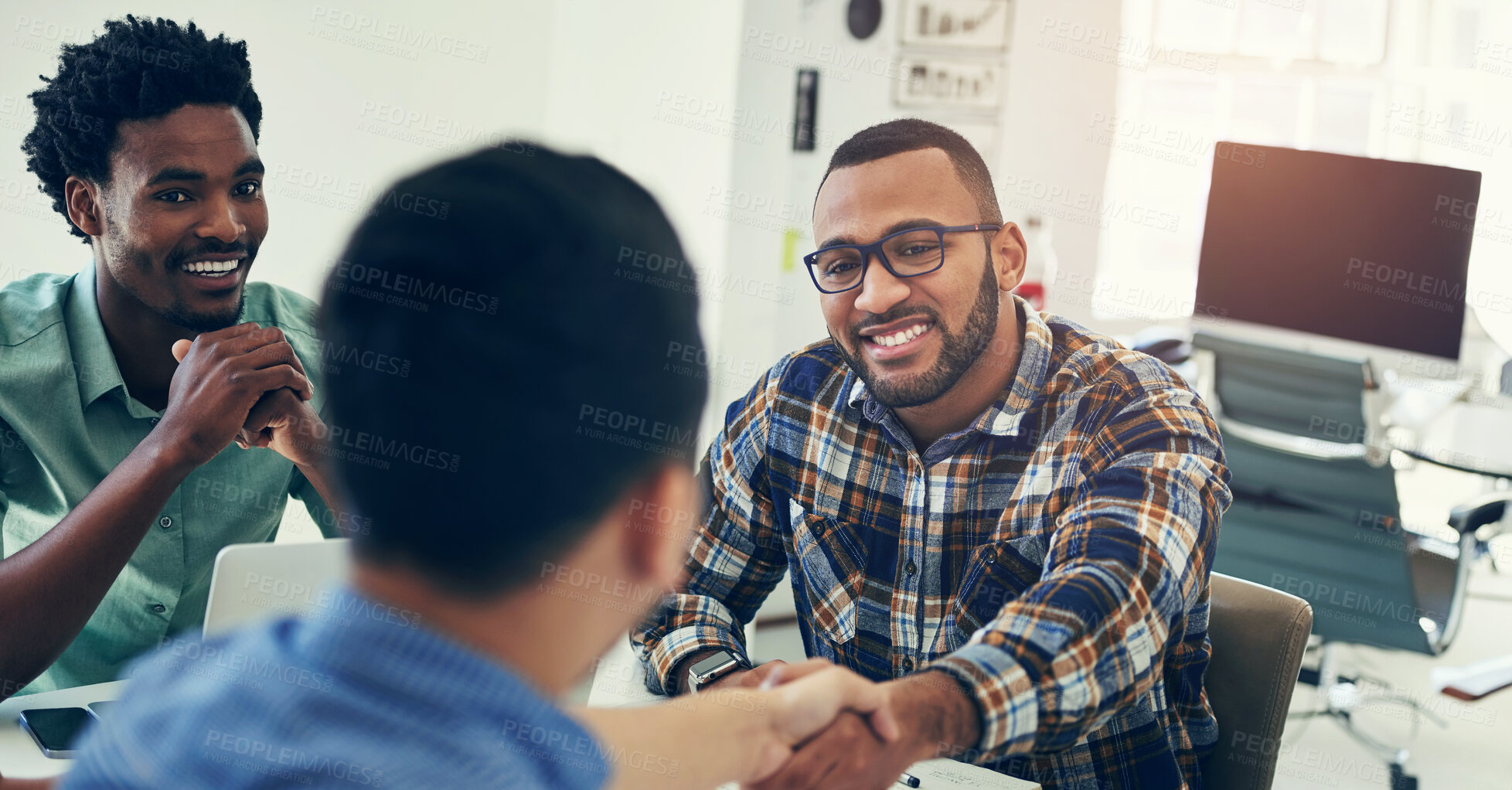 Buy stock photo Job interview, hiring or business people handshake in office for onboarding, deal and negotiation success. B2b, recruitment and hr shaking hands with man web developer for outsourcing, intro or offer