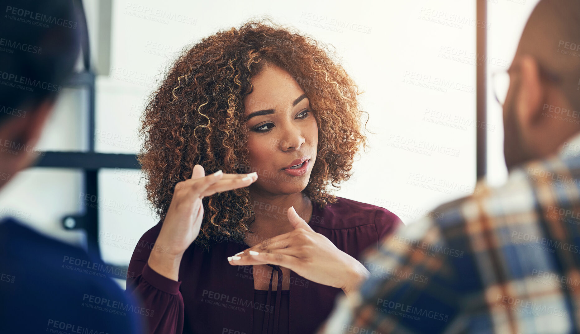 Buy stock photo Startup, talking or woman with people in discussion or meeting for brainstorming, review or partnership. Ideas, staff or designers speaking of teamwork or planning in conversation for project brief