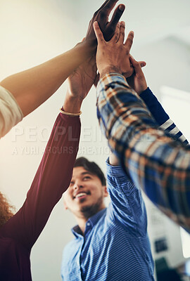 Buy stock photo Business, people and high five with diversity team, employee and celebration for partnership or collaboration project. Success, meeting and growth for support, achievement and goal or target together