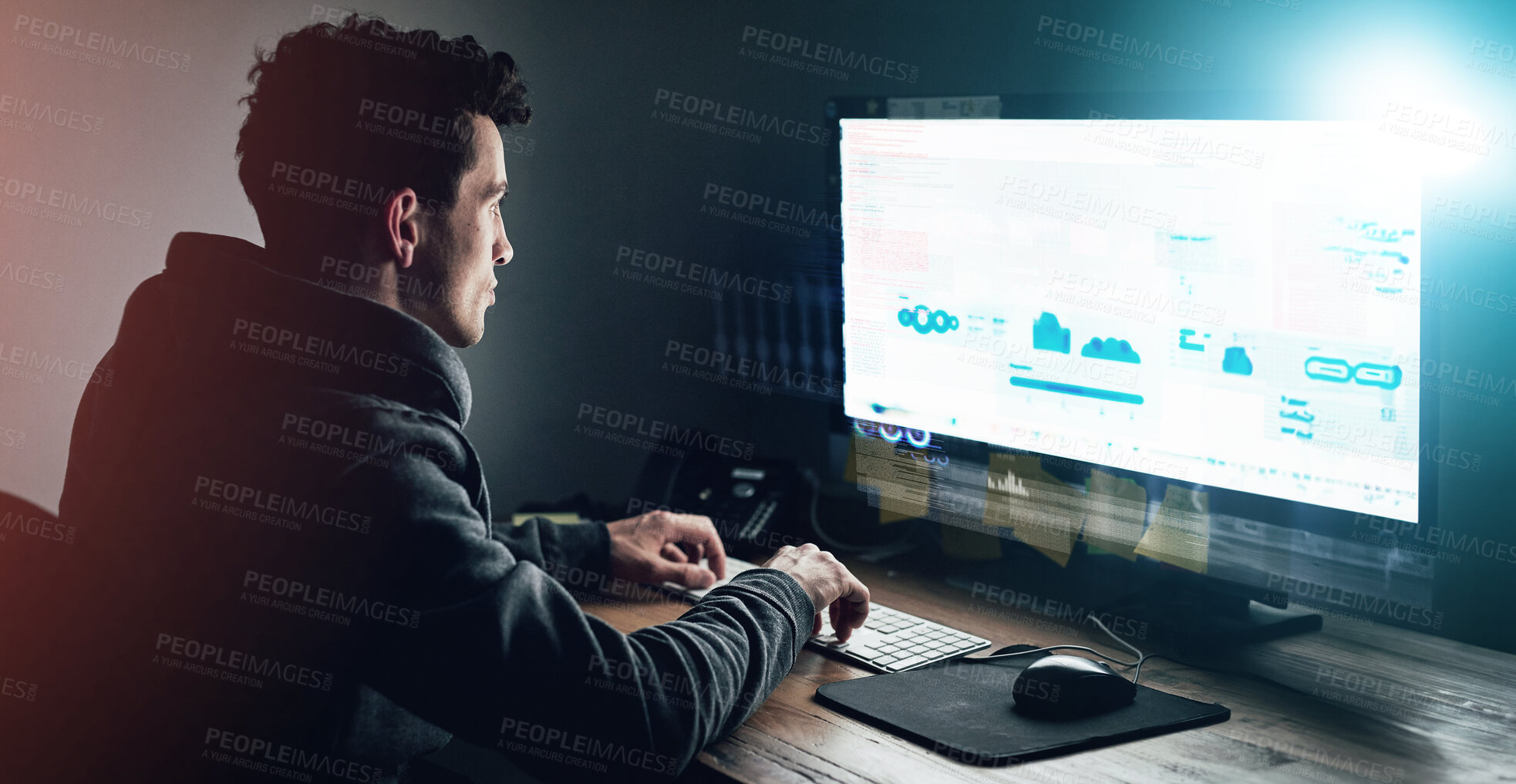 Buy stock photo Dark, office and man at computer for data analysis, online programming and cybersecurity on screen. Software, crypto and web developer with dashboard, stock chart or cyber hacking at desk at night.