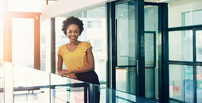 Buy stock photo Portrait, smile and business with black woman in modern office, startup and entrepreneur with confidence. Face, African person and happy employee in workplace, career ambition and magazine editor